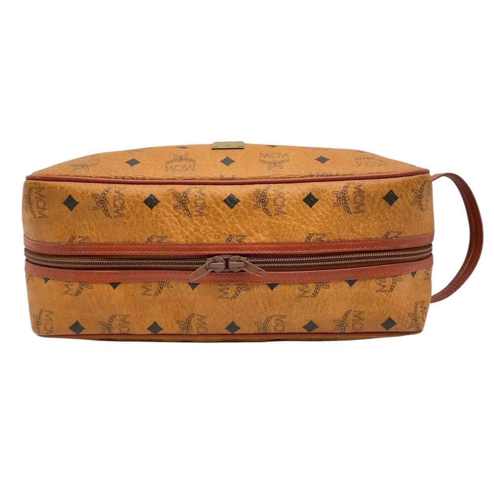 MCM Vintage Visetos Monogram Canvas Toiletry Barrel Bag Nappa Leather Trim - Picture 4 of 16